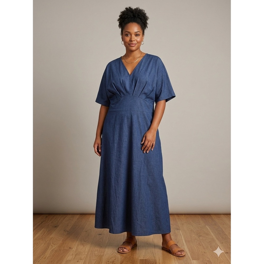 Zanzea Blue Pleated V-Neck Maxi Dress XXL Denim Blue Short Sleeve A-Line